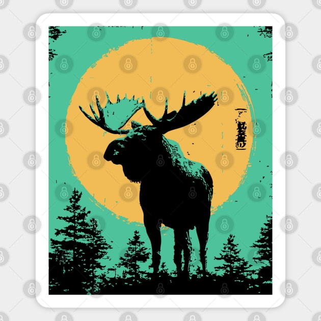 Powerful Moose Japanese Art | Orange Sun Forest Ukiyo-e Style Magnet by TuncGK